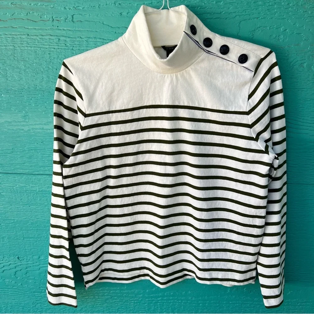 J.CREW NAUTICAL HUNTER GREEN STRIPED MOCK NECK PULLOVER COTTON SWEATER SIZE MED